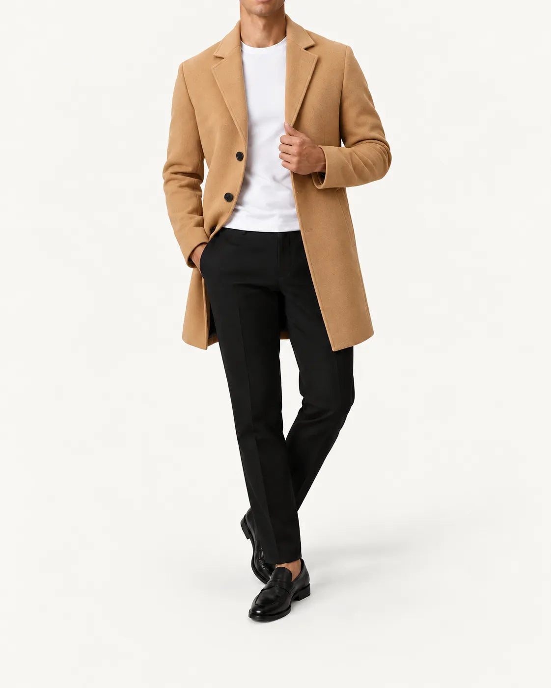 Hombre con abrigo largo camel – básicos de otoño Montegris