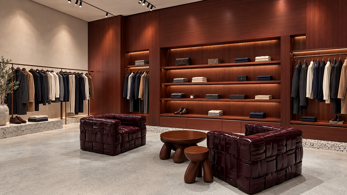 Interior de una tienda de moda masculina en tonos madera con prendas de Montegris