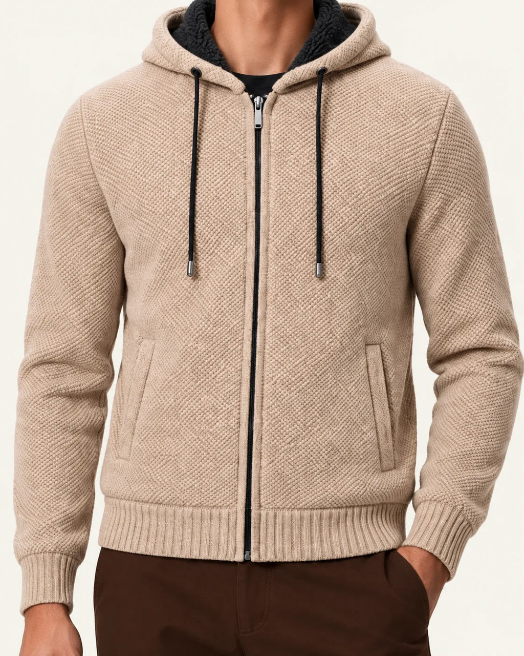 Beige | Con capucha | Cárdigan con cremallera y forro polar – detalle