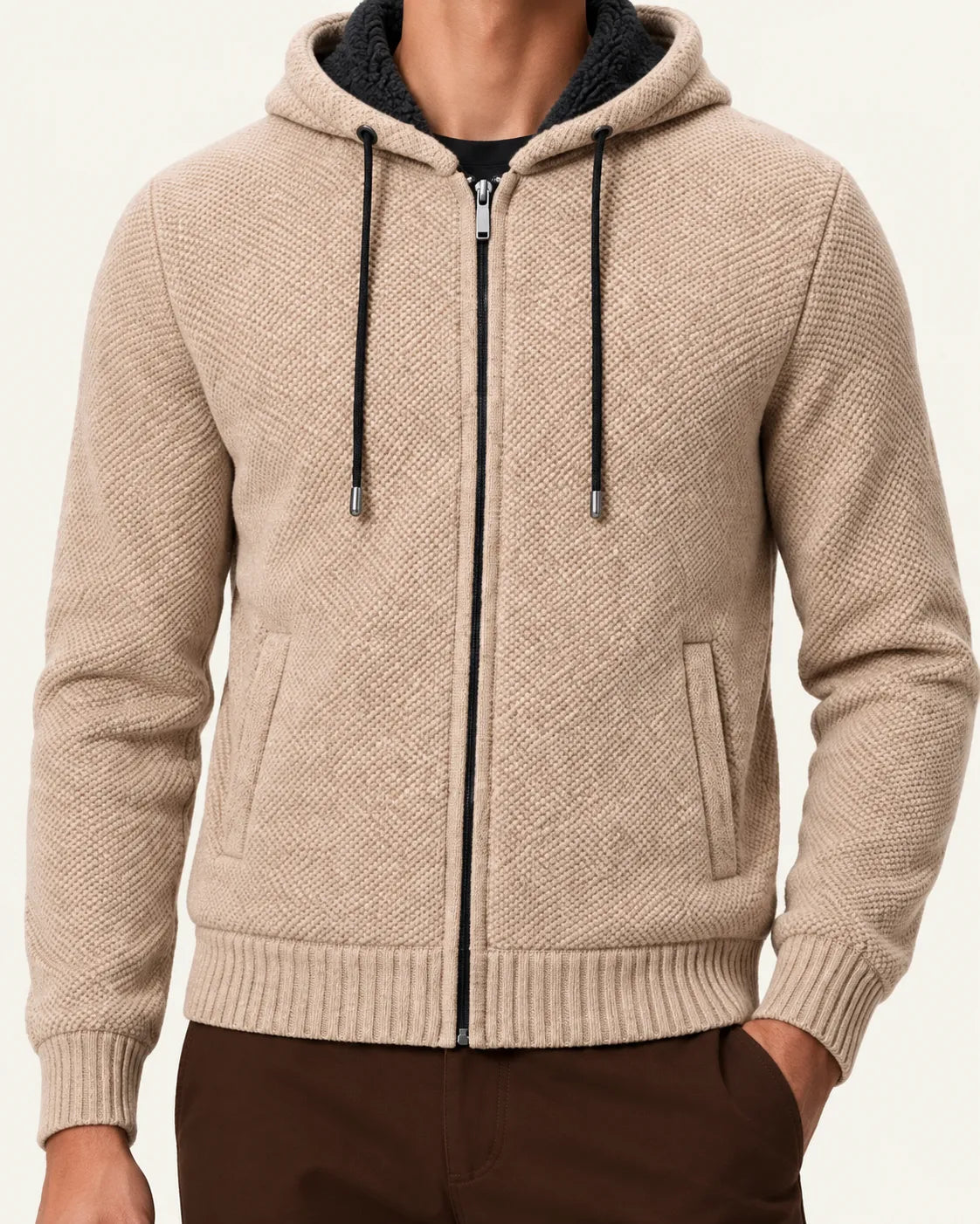 Beige | Con capucha | Cárdigan con cremallera y forro polar – detalle