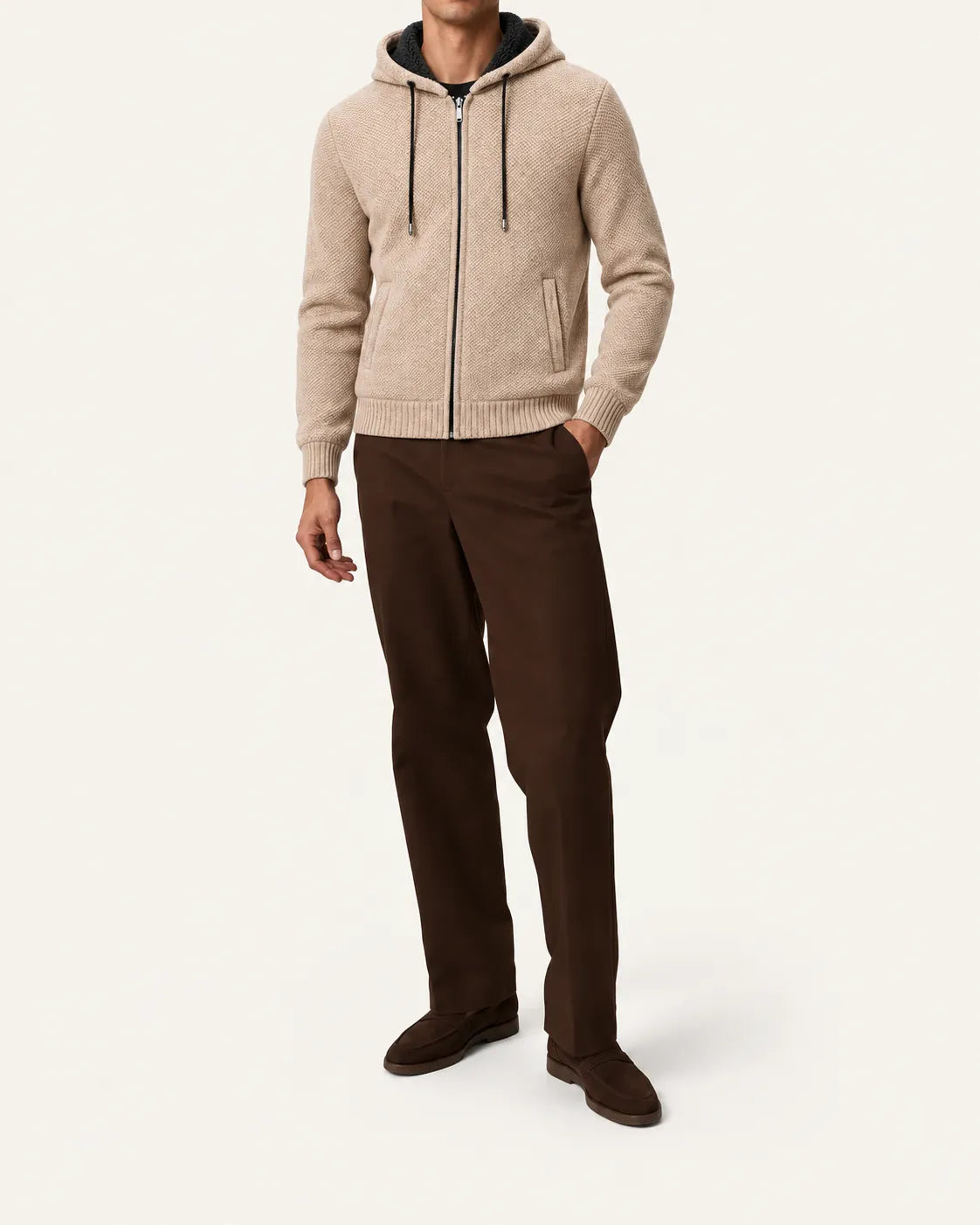Beige | Con capucha | Cárdigan con cremallera y forro polar – vista delantera