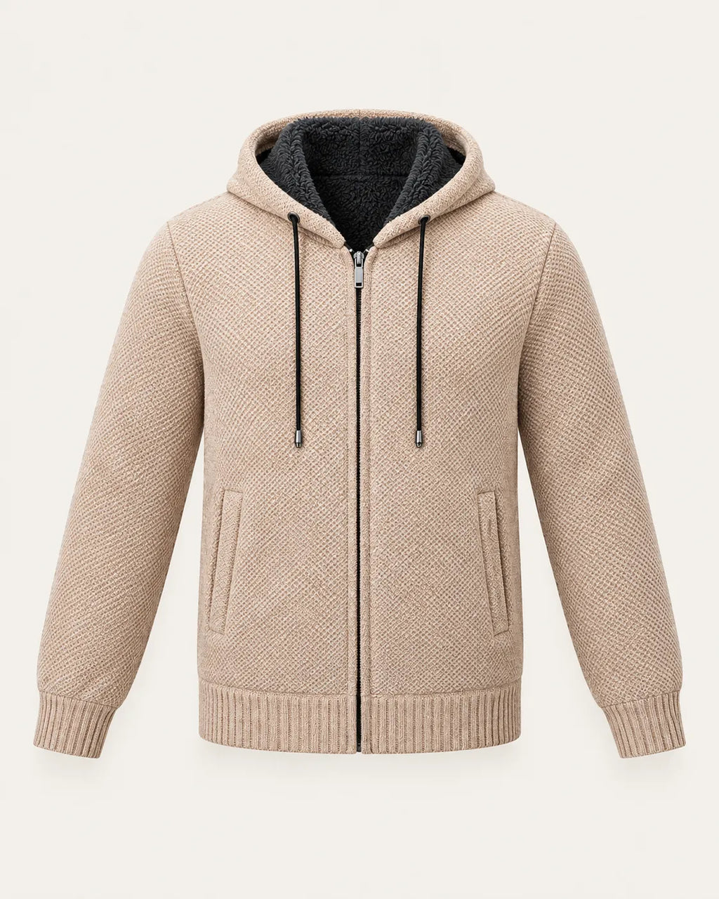 Beige | Con capucha | Cárdigan con cremallera y forro polar