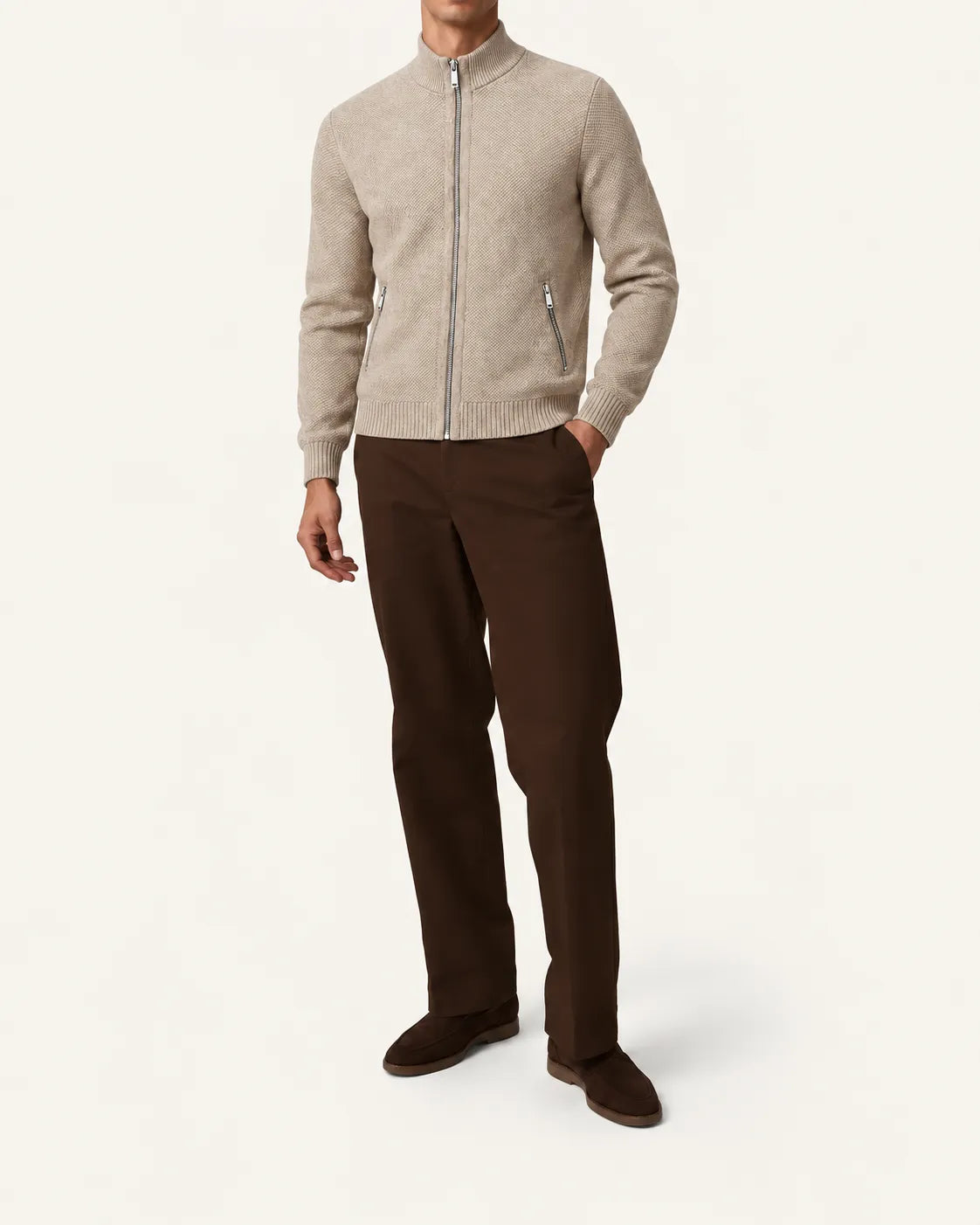 Beige | Cuello alto | Cárdigan con cremallera y forro polar – vista delantera