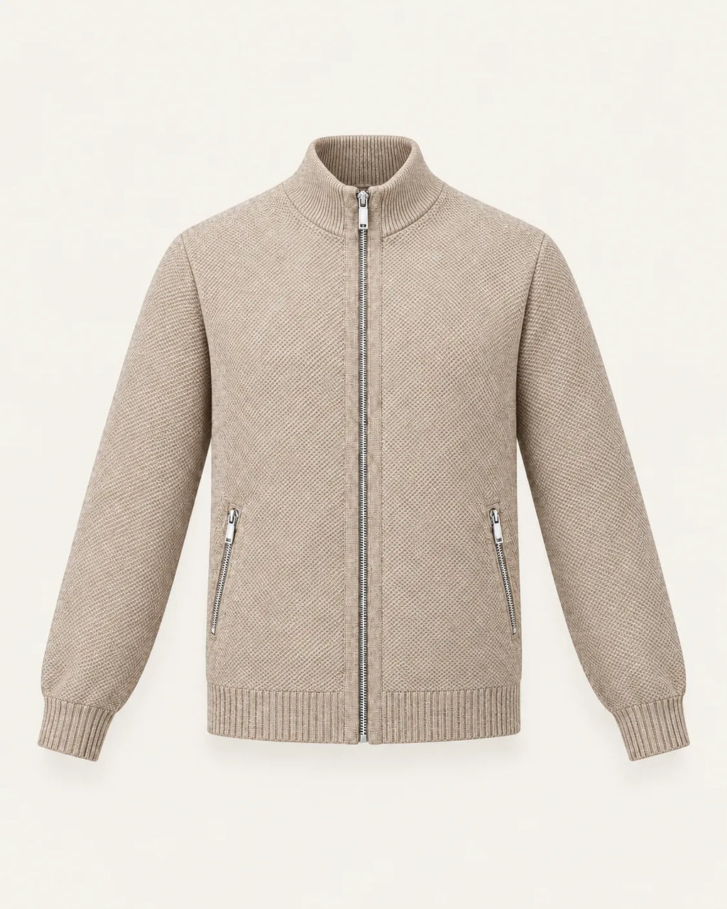 Beige | Cuello alto | Cárdigan con cremallera y forro polar