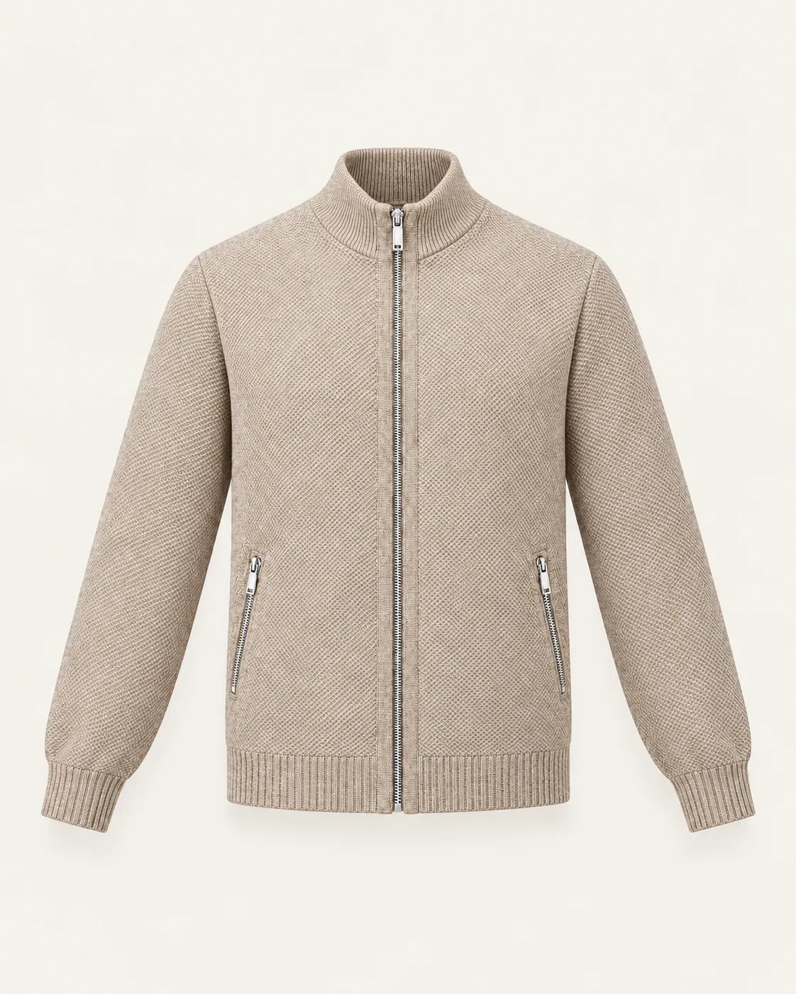 Beige | Cuello alto | Cárdigan con cremallera y forro polar