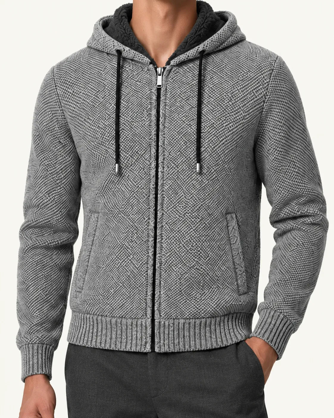 Gris claro | Con capucha | Cárdigan con cremallera y forro polar – detalle