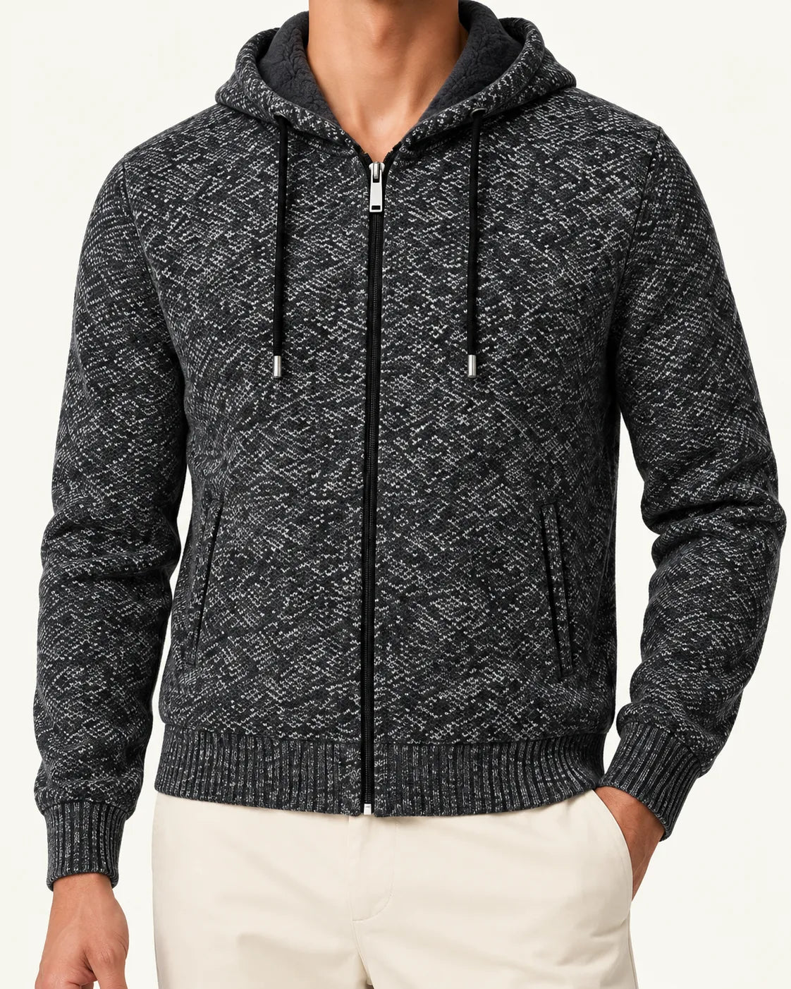 Gris oscuro | Con capucha | Cárdigan con cremallera y forro polar – detalle