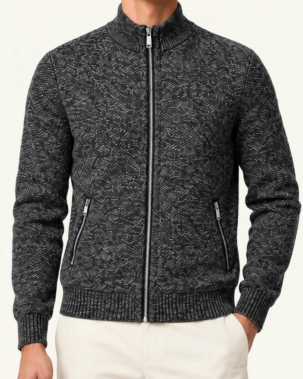Gris oscuro | Cuello alto | Cárdigan con cremallera y forro polar – detalle