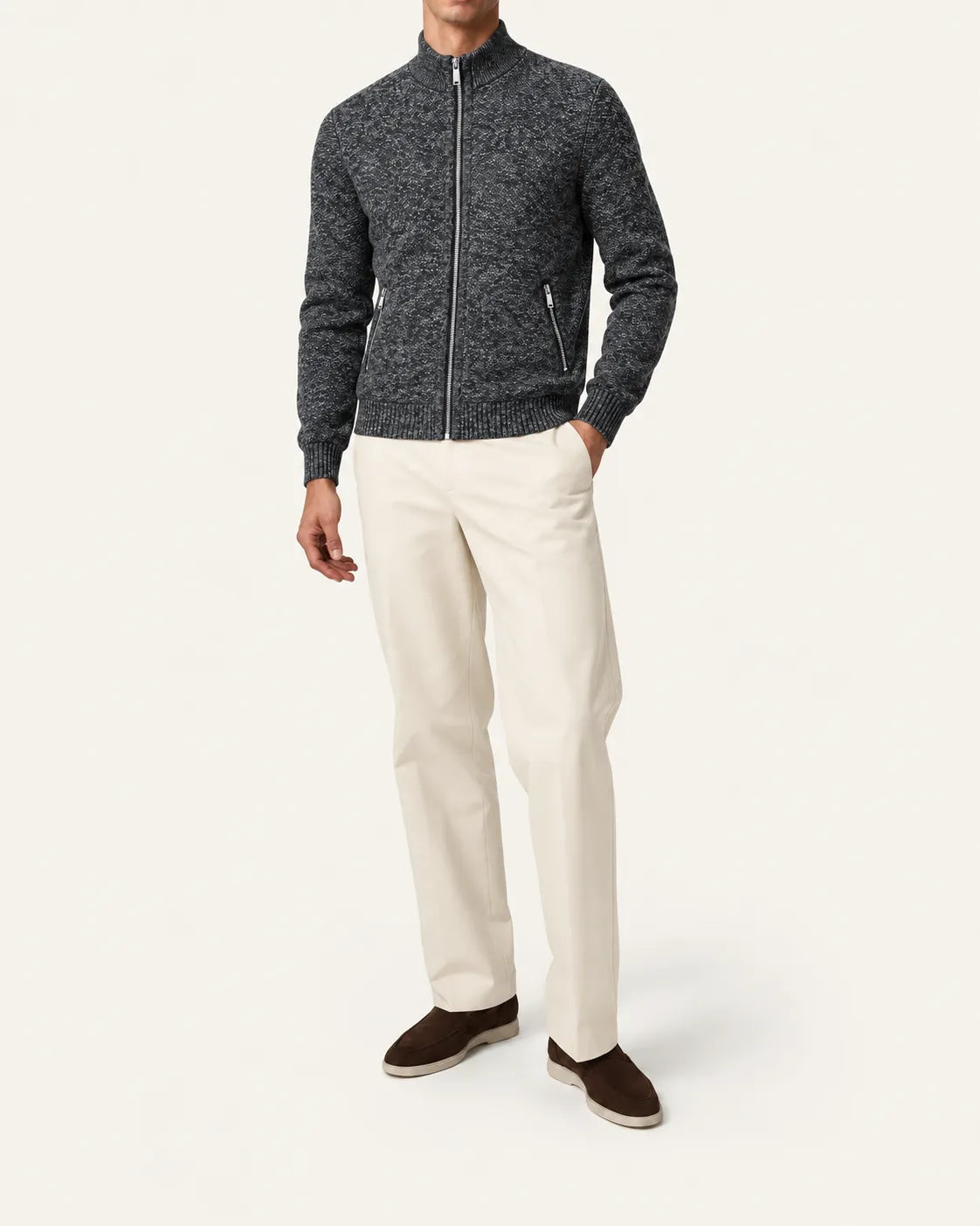 Gris oscuro | Cuello alto | Cárdigan con cremallera y forro polar – vista delantera