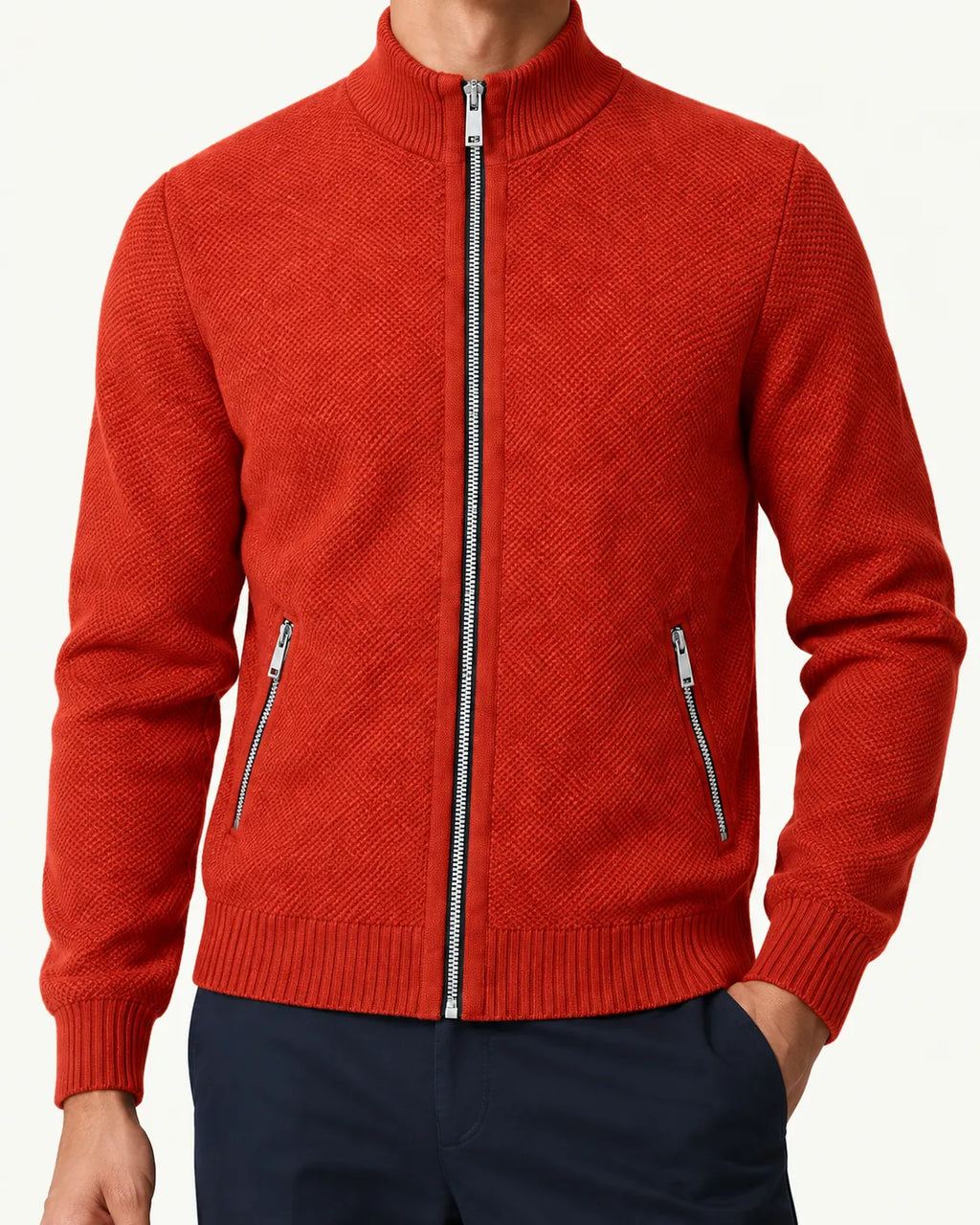 Naranja | Cuello alto | Cárdigan con cremallera y forro polar – detalle