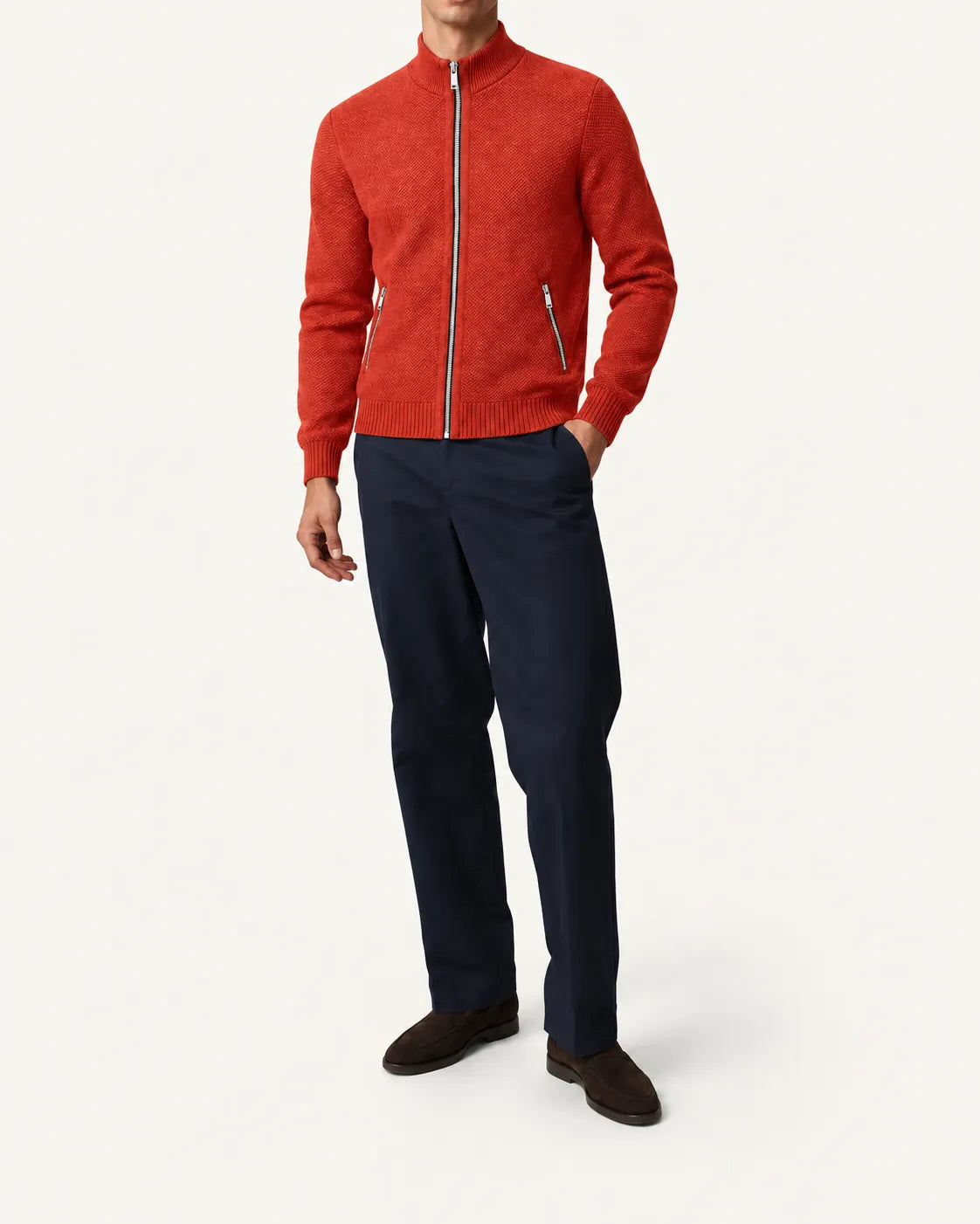 Naranja | Cuello alto | Cárdigan con cremallera y forro polar – vista delantera