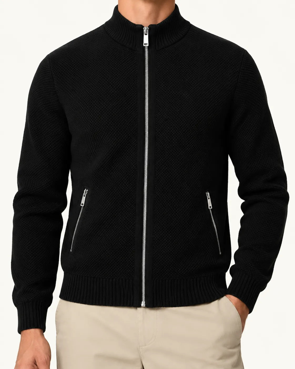 Negro | Cuello alto | Cárdigan con cremallera y forro polar – detalle