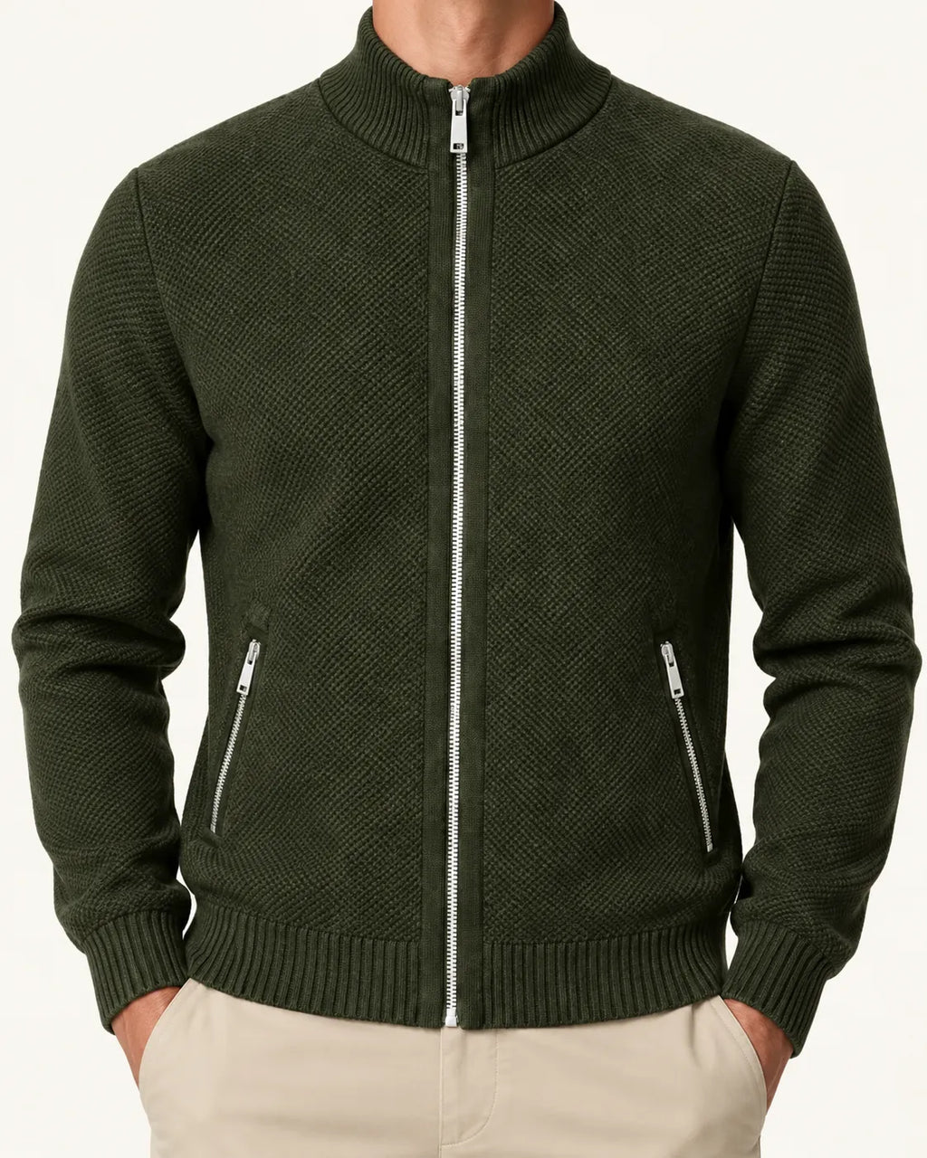 Verde | Cuello alto | Cárdigan con cremallera y forro polar – detalle