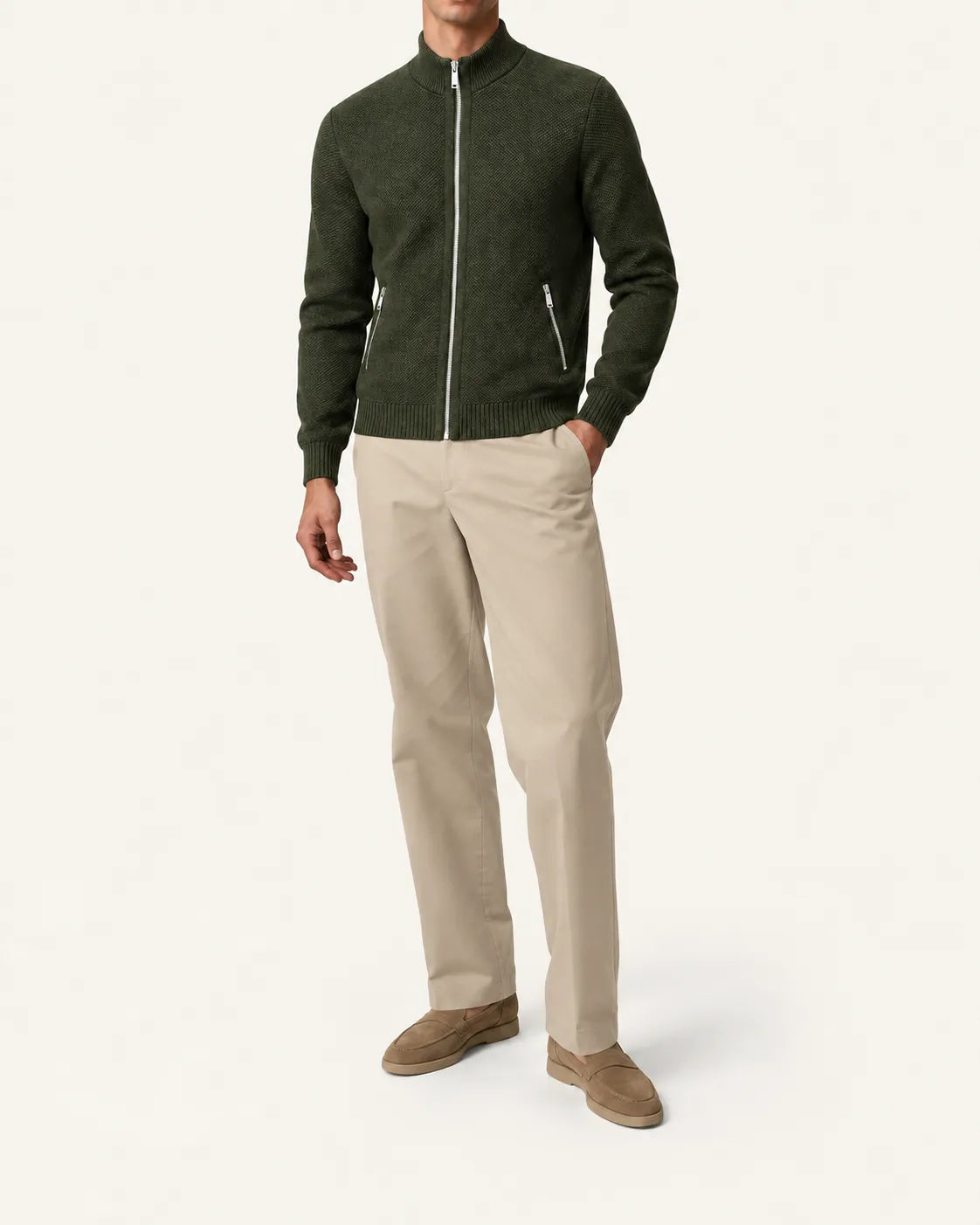 Verde | Cuello alto | Cárdigan con cremallera y forro polar – vista delantera