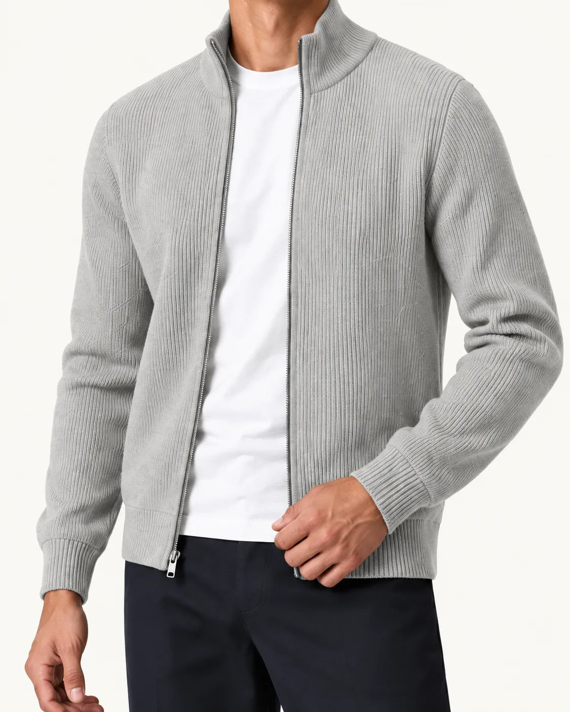 Gris claro | Cárdigan de punto con cremallera – detalle