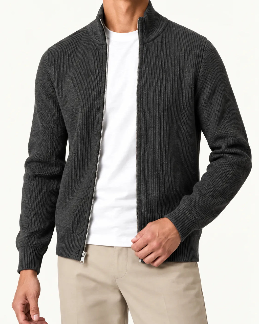 Gris oscuro | Cárdigan de punto con cremallera – detalle