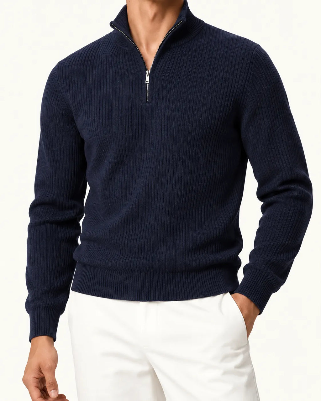 Azul marino | Jersey de media cremallera de punto texturizado – detalle