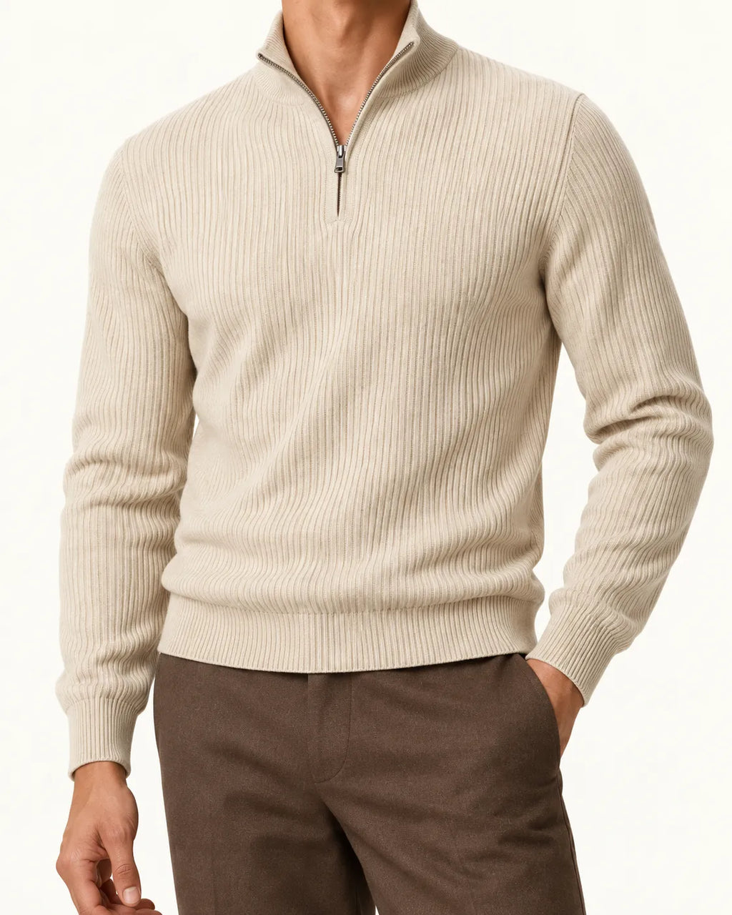Beige | Jersey de media cremallera de punto texturizado – detalle