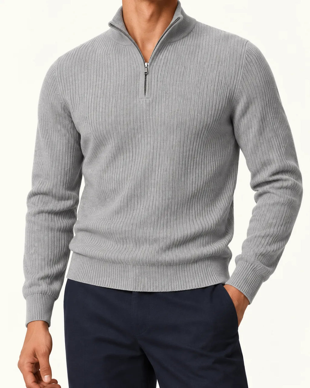 Gris claro | Jersey de media cremallera de punto texturizado – detalle