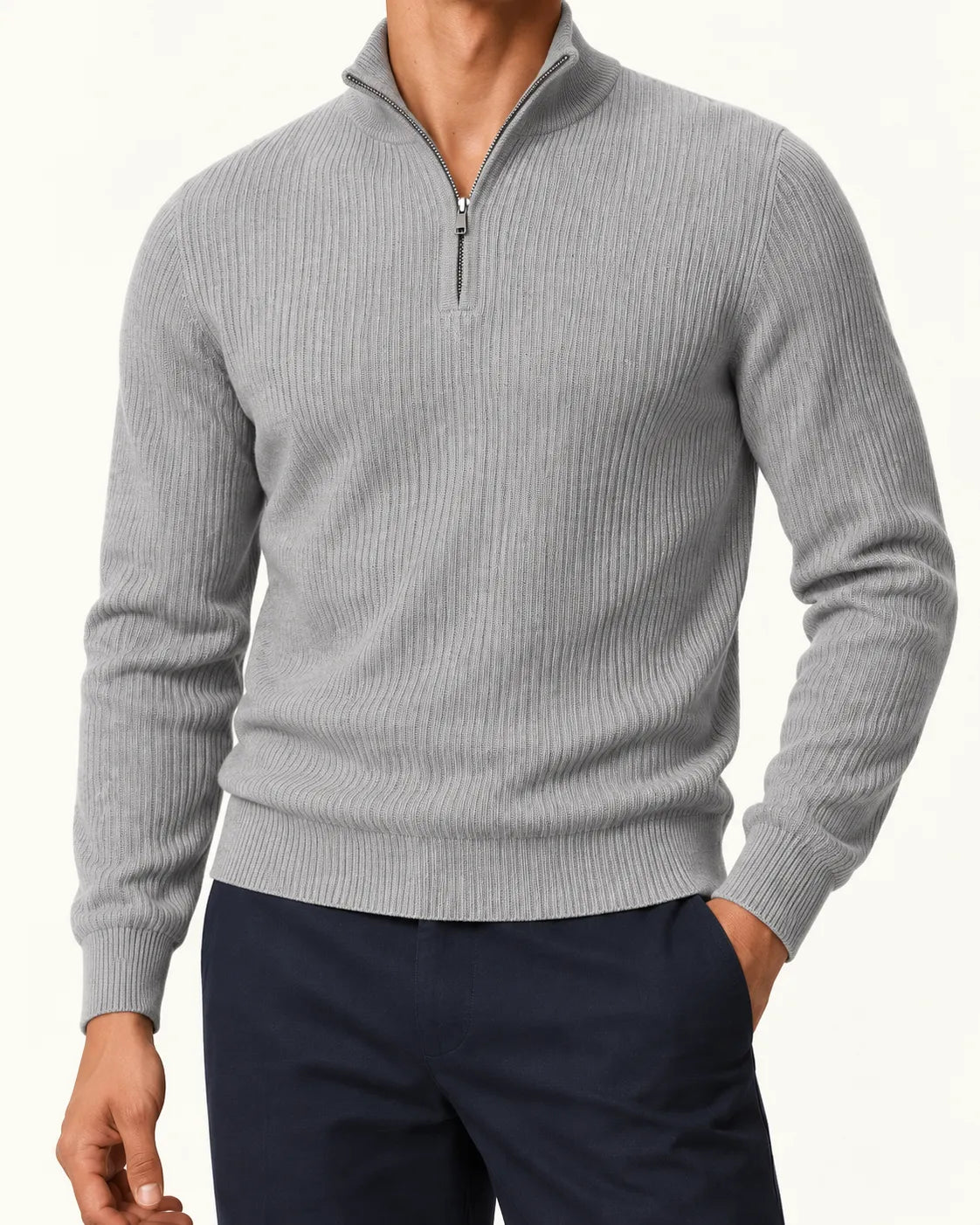 Gris claro | Jersey de media cremallera de punto texturizado – detalle