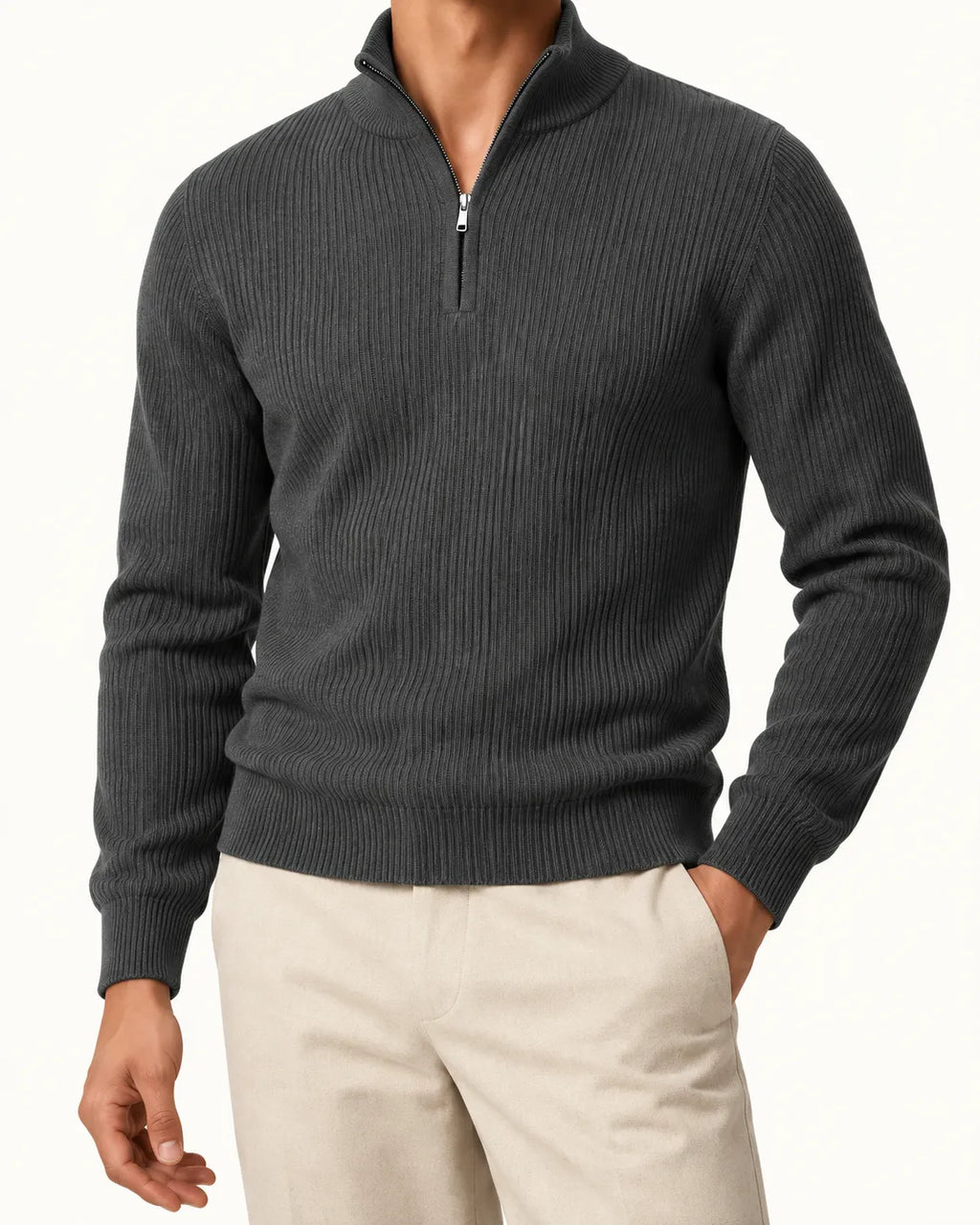 Gris oscuro | Jersey de media cremallera de punto texturizado – detalle