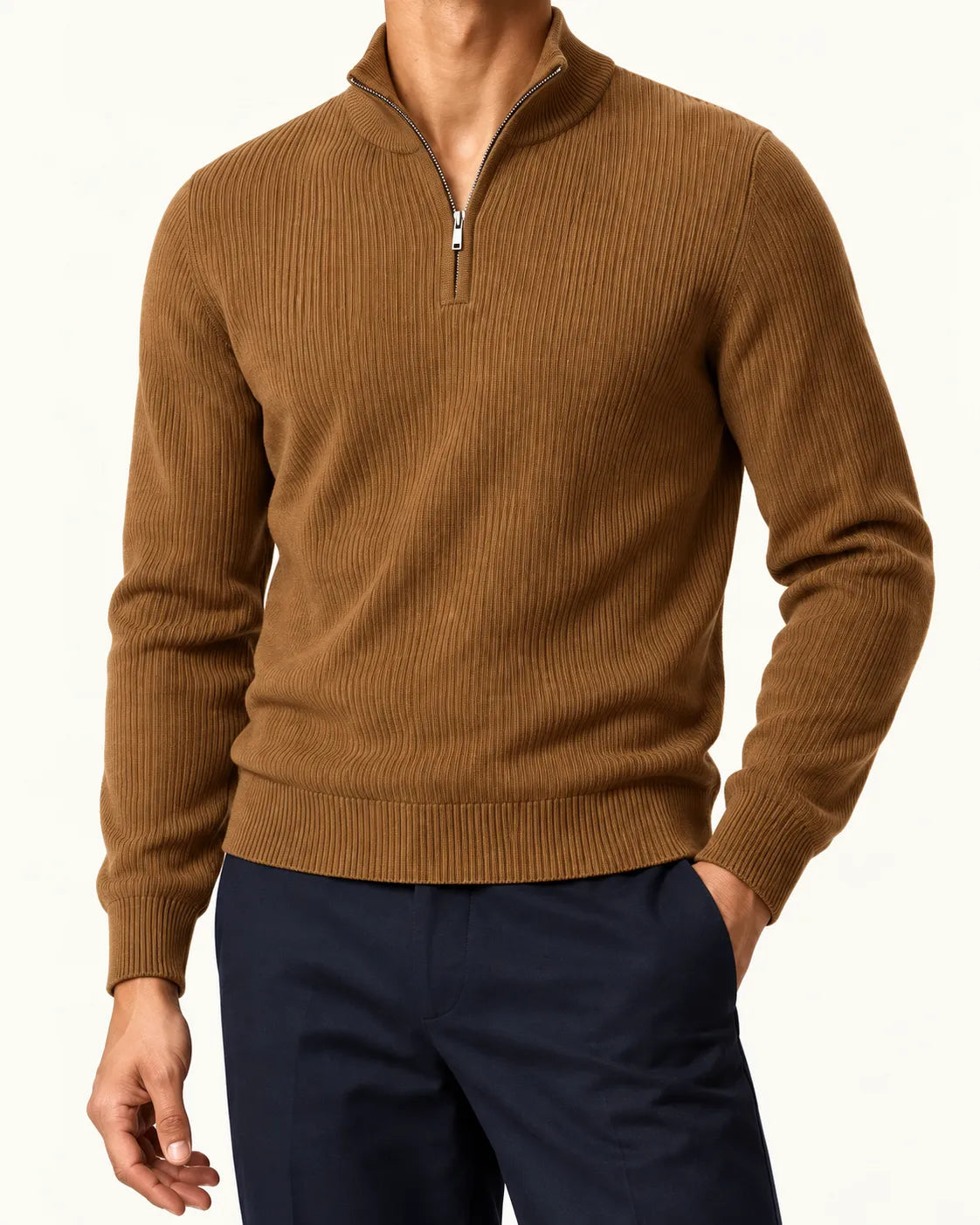 Marrón | Jersey de media cremallera de punto texturizado – detalle