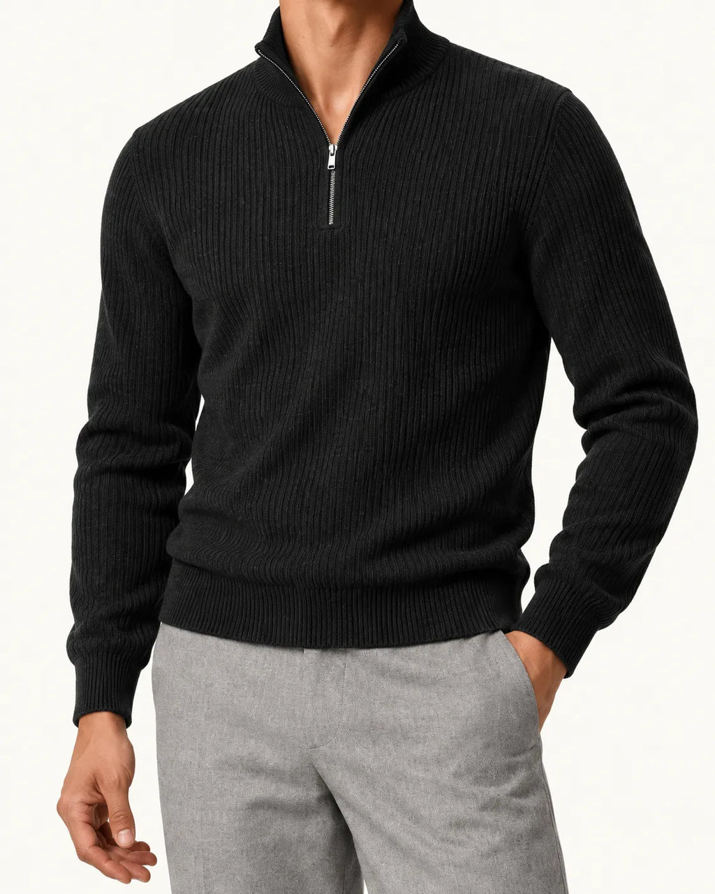 Negro | Jersey de media cremallera de punto texturizado – detalle