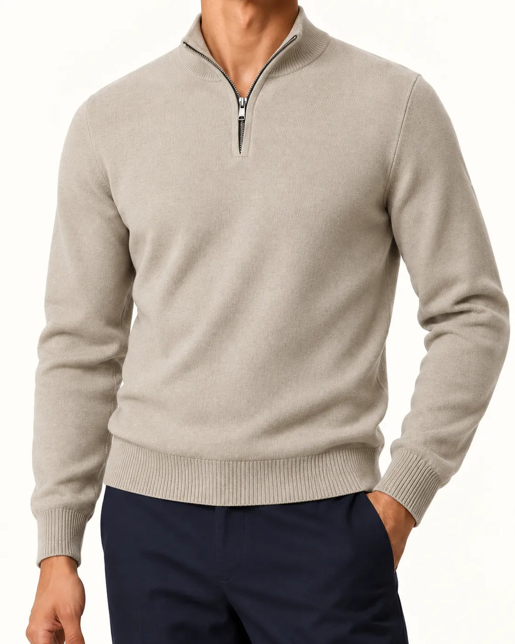 Beige | Jersey de media cremallera ligero – detalle