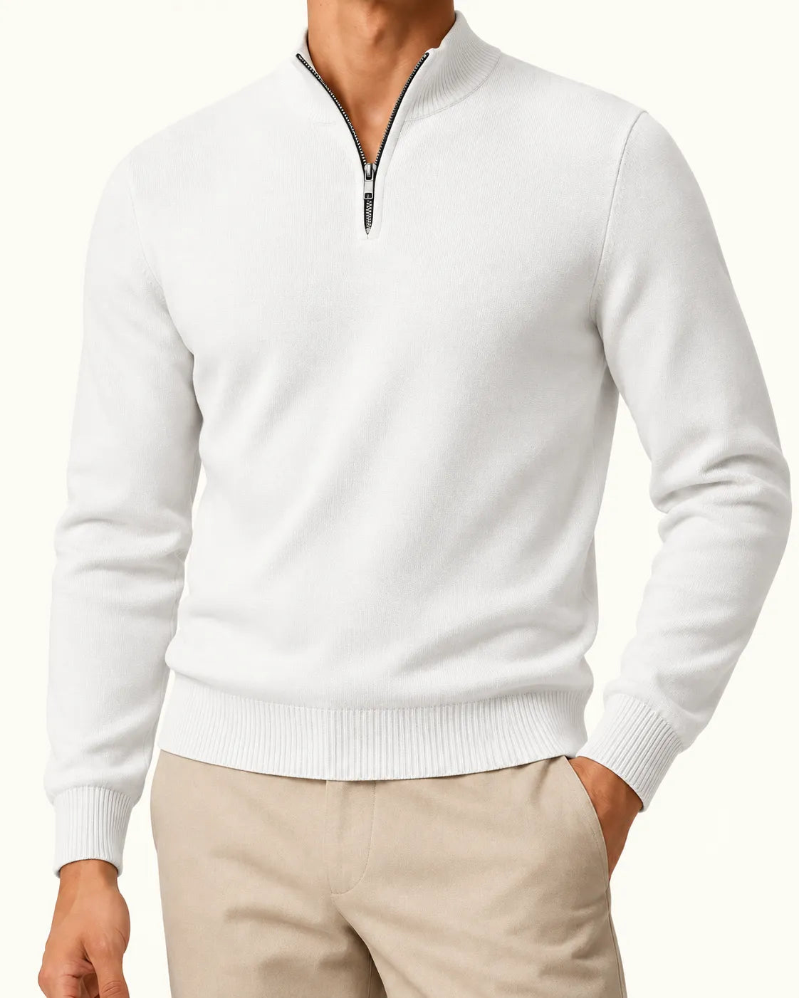 Blanco | Jersey de media cremallera ligero – detalle