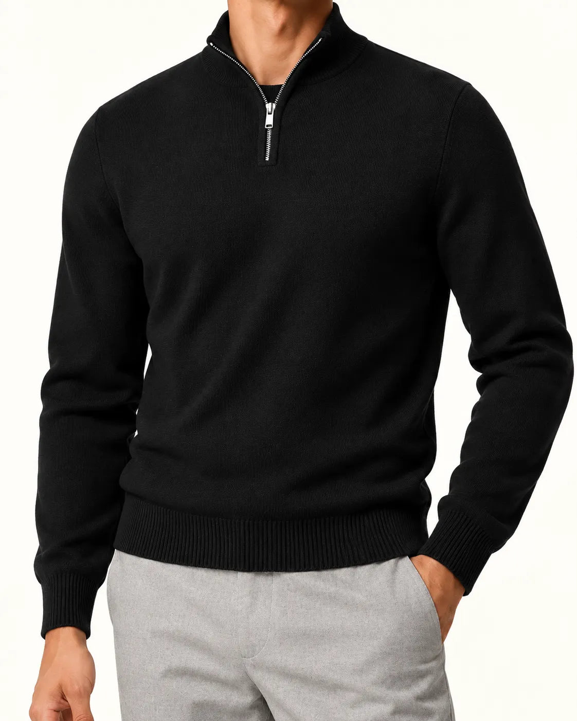 Negro | Jersey de media cremallera ligero – detalle