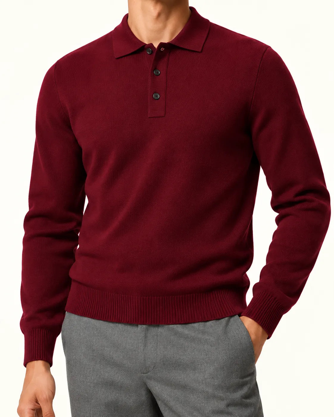 Burdeos | Jersey polo de punto con botones – detalle