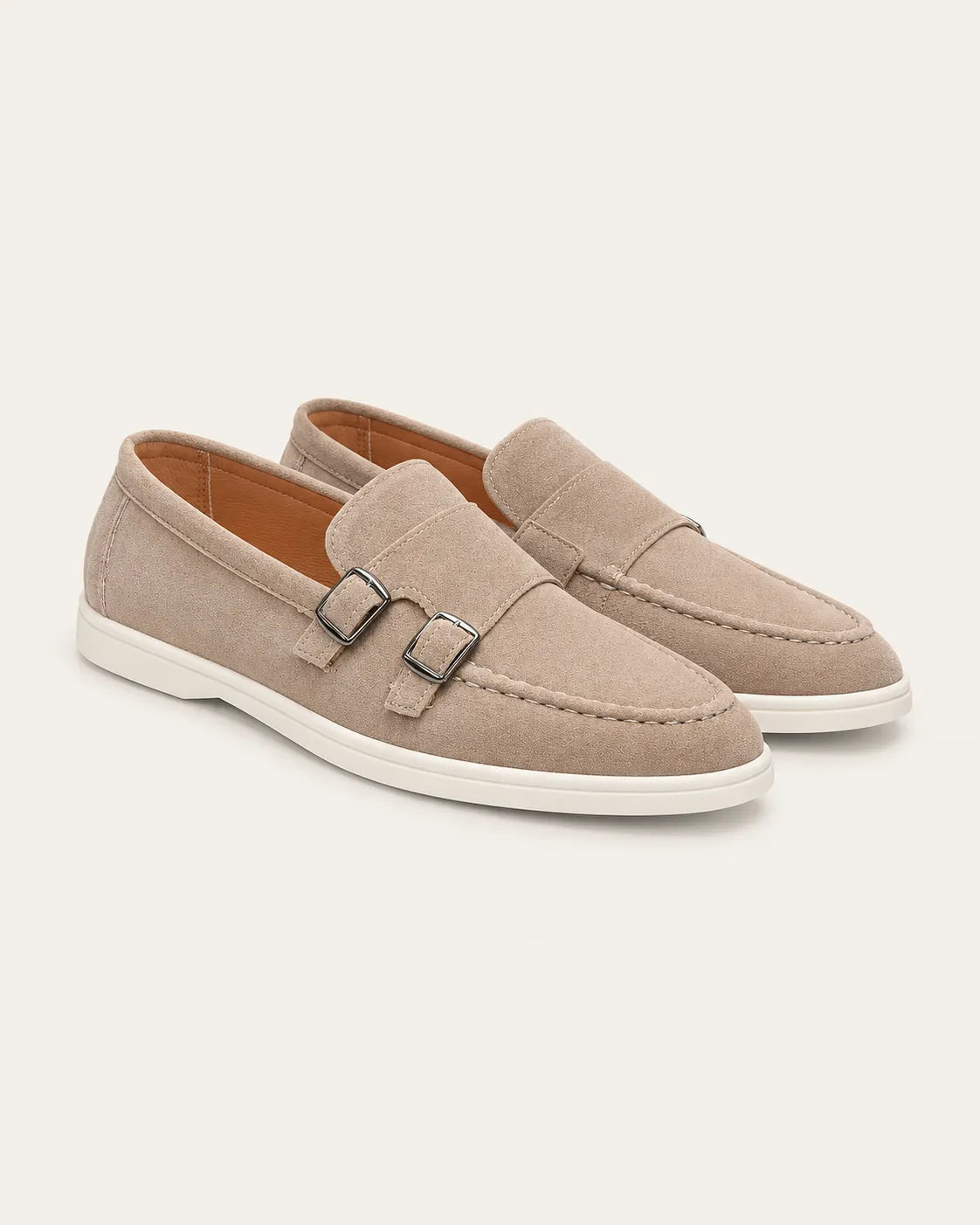 Beige | Doble hebilla | Mocasines efecto ante – par