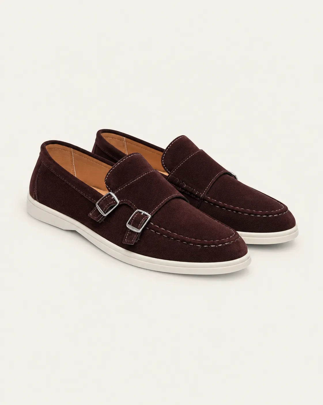 Café | Doble hebilla | Mocasines efecto ante – par