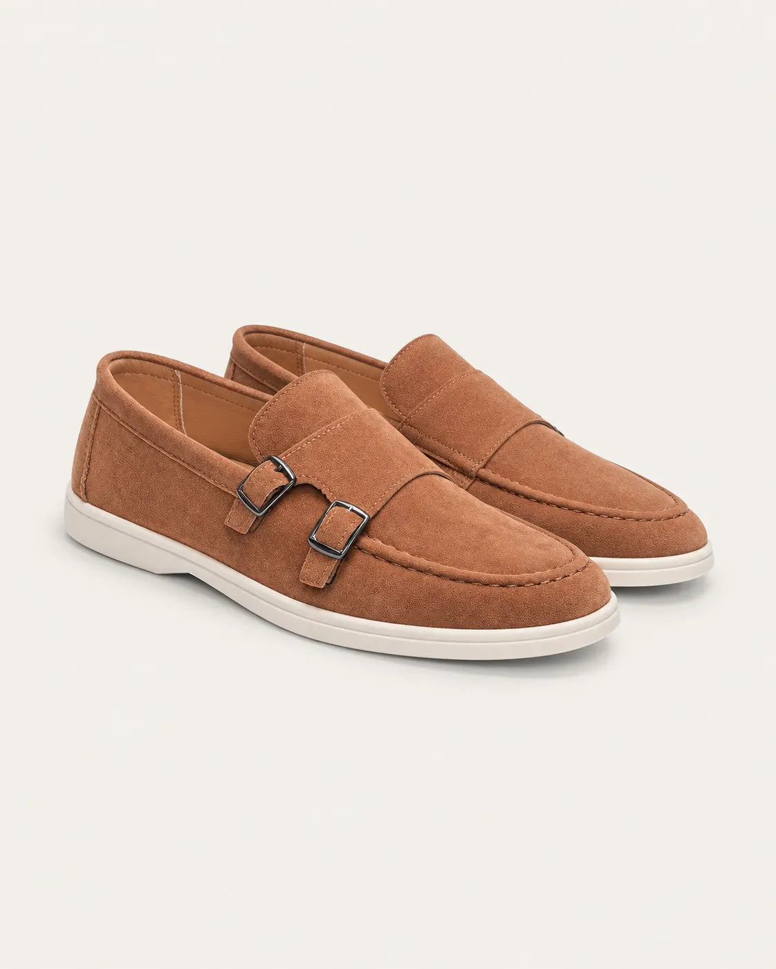 Marrón rojizo | Doble hebilla | Mocasines efecto ante – par